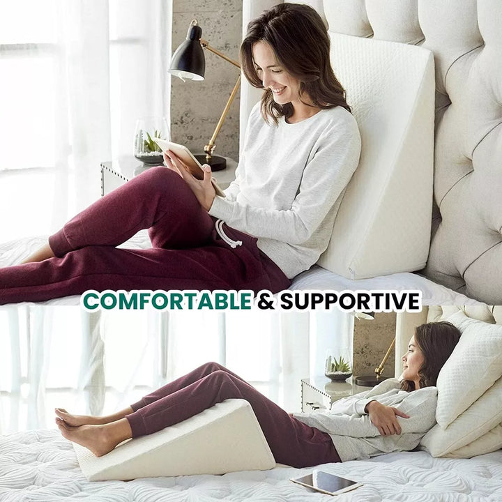 Orthopaedic triangle wedge pillow in white, offering reflux relief, post-surgery support, improves posture and circulation.