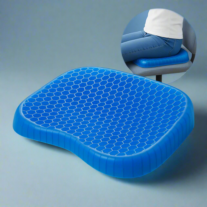 Orthopedic gel seat cushion for pressure relief, blue with ergonomic design, ideal for office chairs and tailbone support.