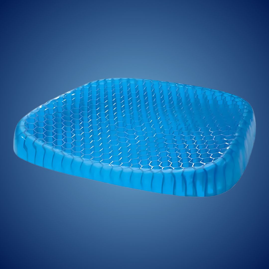 Orthopedic gel seat cushion for pressure relief, blue with ergonomic design, ideal for office chairs and tailbone support.