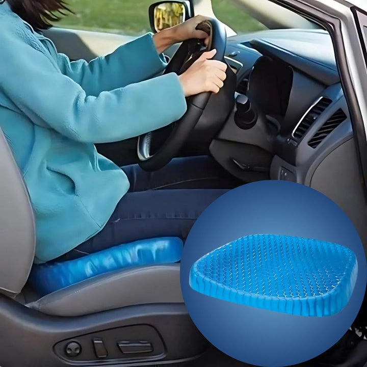 Orthopedic gel seat cushion for pressure relief, blue with ergonomic design, ideal for office chairs and tailbone support.