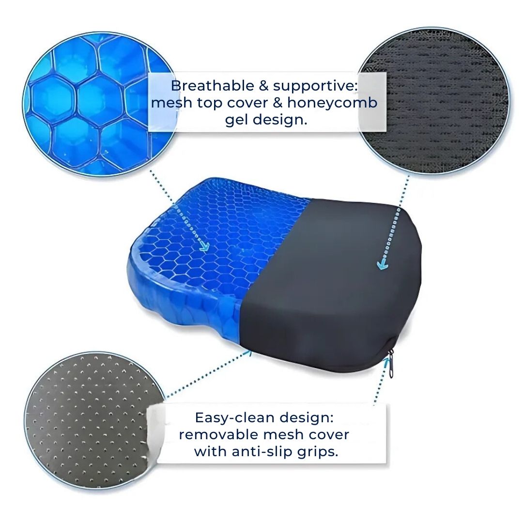 Orthopedic gel seat cushion for pressure relief, blue with ergonomic design, ideal for office chairs and tailbone support.