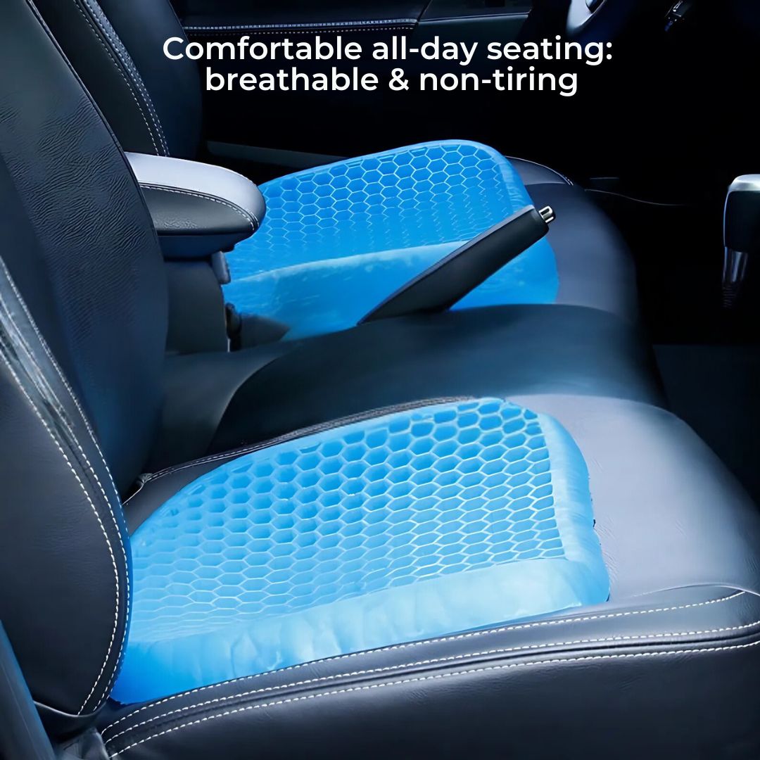 Orthopedic gel seat cushion for pressure relief, blue with ergonomic design, ideal for office chairs and tailbone support.