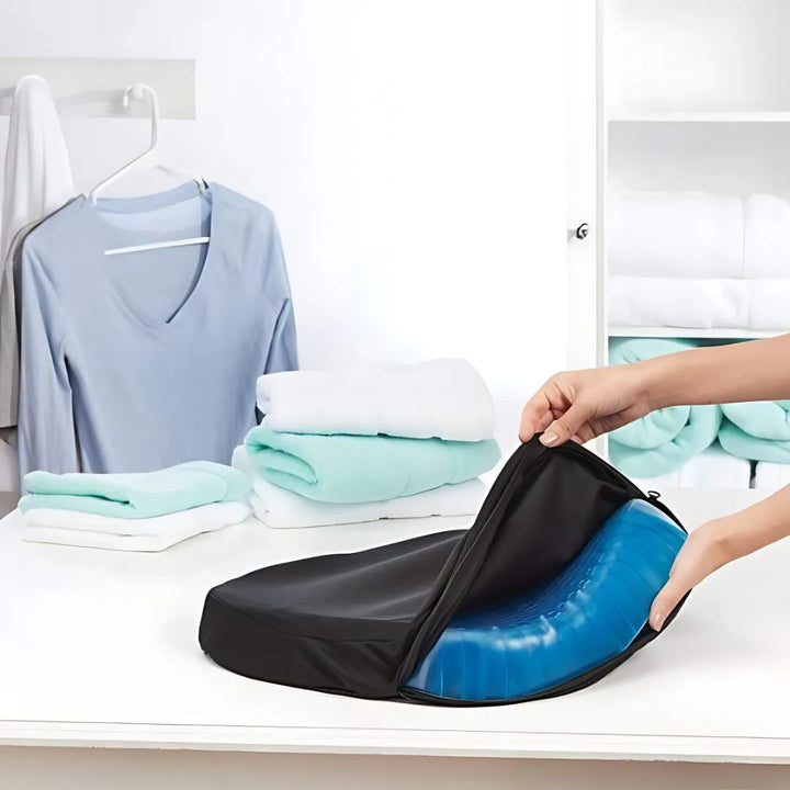 Orthopedic gel seat cushion for pressure relief, blue with ergonomic design, ideal for office chairs and tailbone support.