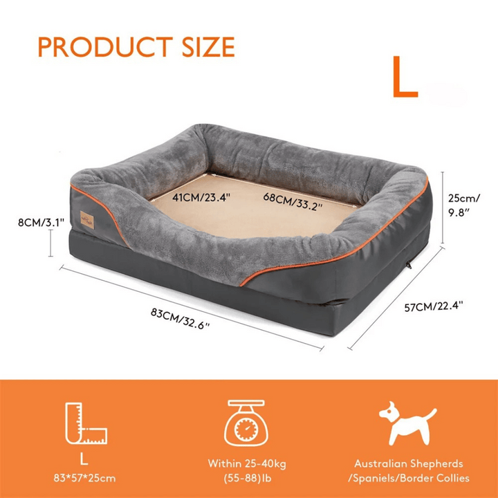 Orthopedic memory foam dog bed, large size, cushioned interior with cotton-padded bolster, perfect for large breeds.