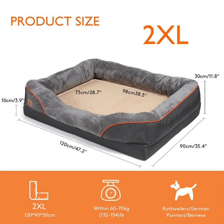 Orthopedic memory foam dog bed, large size, cushioned interior with cotton-padded bolster, perfect for large breeds.