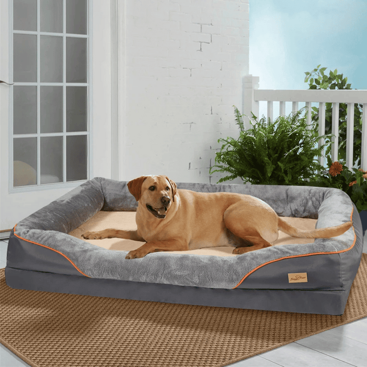 Orthopedic memory foam dog bed, large size, cushioned interior with cotton-padded bolster, perfect for large breeds.
