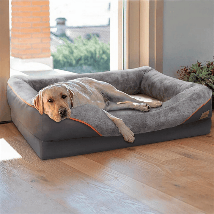 Orthopedic memory foam dog bed, large size, cushioned interior with cotton-padded bolster, perfect for large breeds.