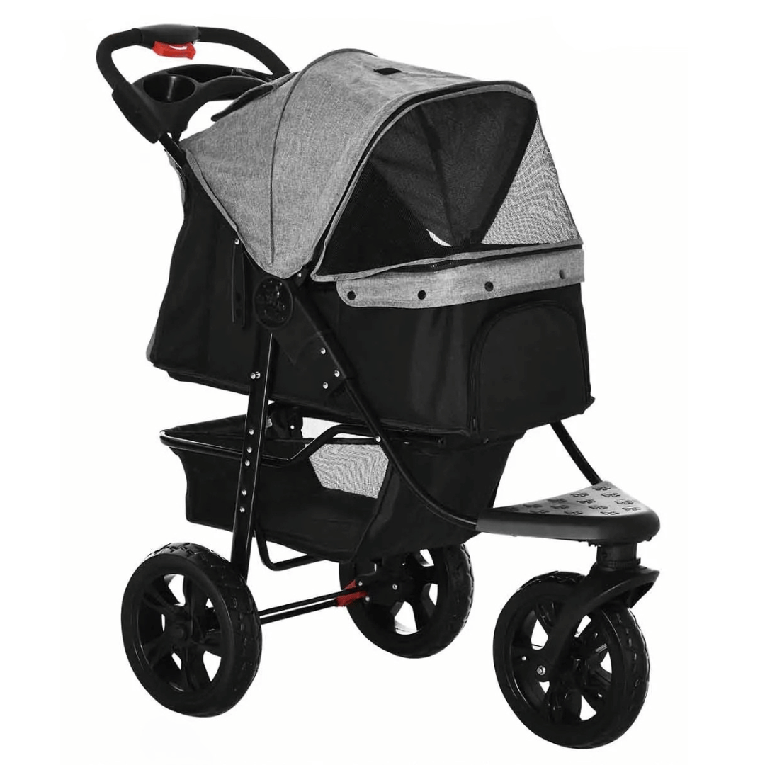 "Outdoor Adventure dog stroller with sturdy wheels, foldable design, and storage basket for pet supplies on any terrain."