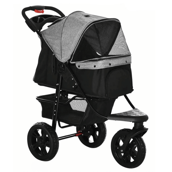 "Outdoor Adventure dog stroller with sturdy wheels, foldable design, and storage basket for pet supplies on any terrain."