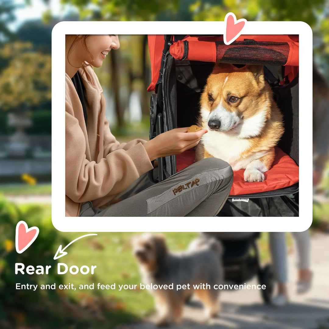 "Outdoor Adventure dog stroller with sturdy wheels, foldable design, and storage basket for pet supplies on any terrain."