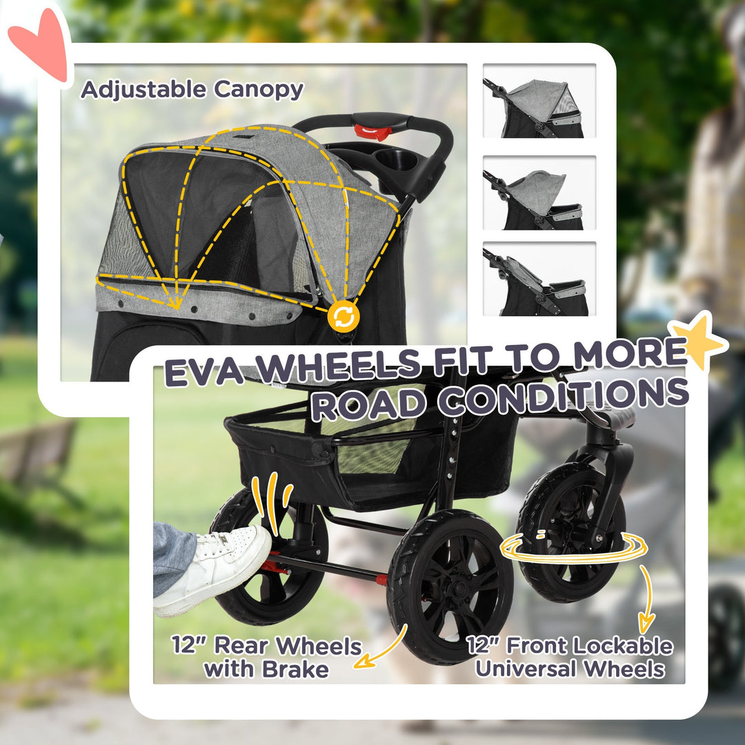 "Outdoor Adventure dog stroller with sturdy wheels, foldable design, and storage basket for pet supplies on any terrain."
