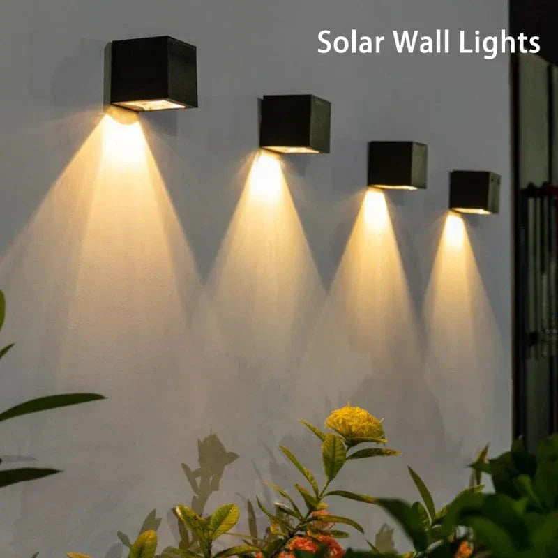 "Outdoor LED solar wall light, European style, waterproof, garden lamp, IP65, black and gold finish, elegant design"