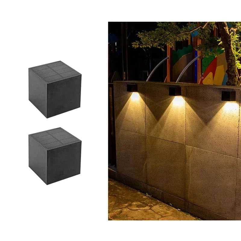 "Outdoor LED solar wall light, European style, waterproof, garden lamp, IP65, black and gold finish, elegant design"