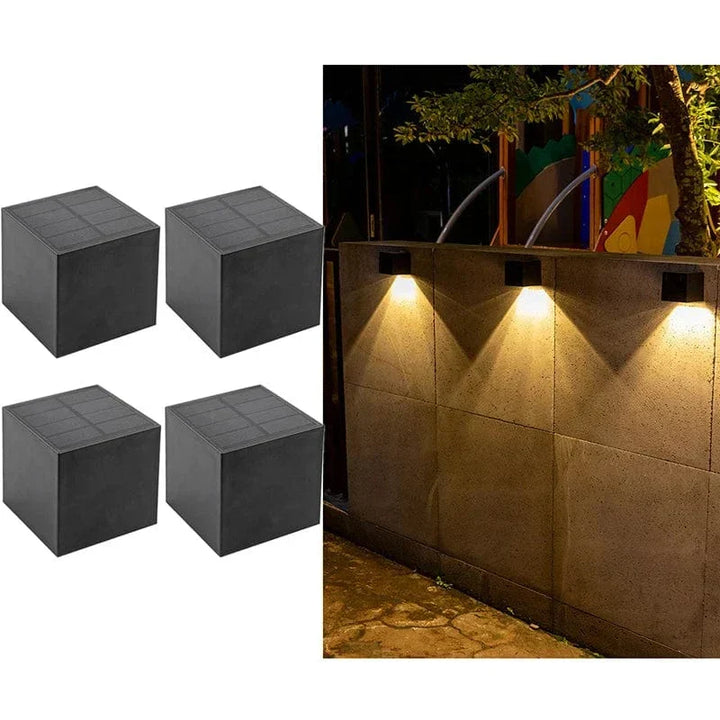 "Outdoor LED solar wall light, European style, waterproof, garden lamp, IP65, black and gold finish, elegant design"