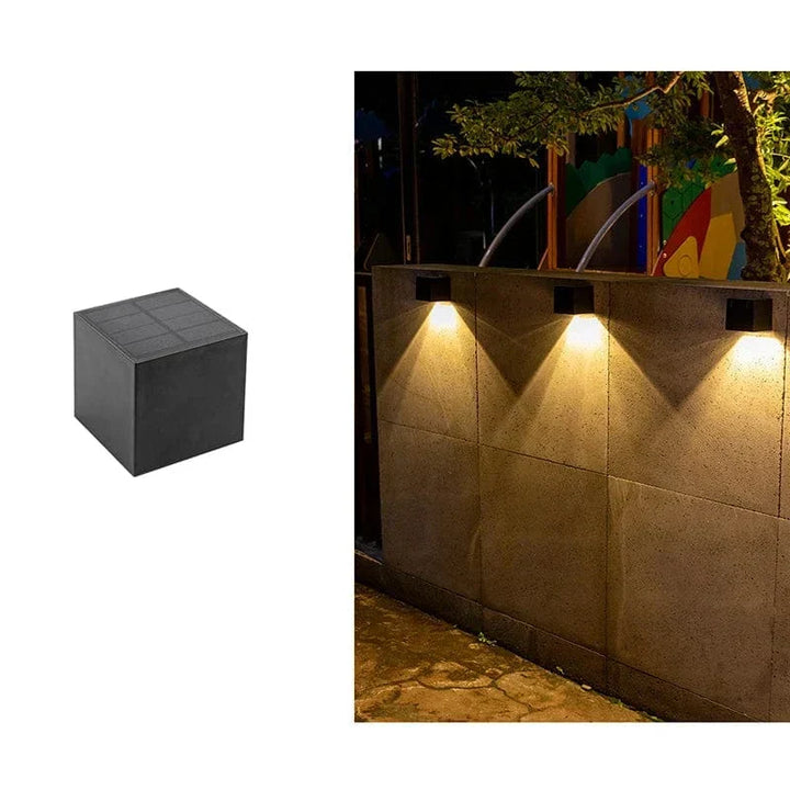 "Outdoor LED solar wall light, European style, waterproof, garden lamp, IP65, black and gold finish, elegant design"
