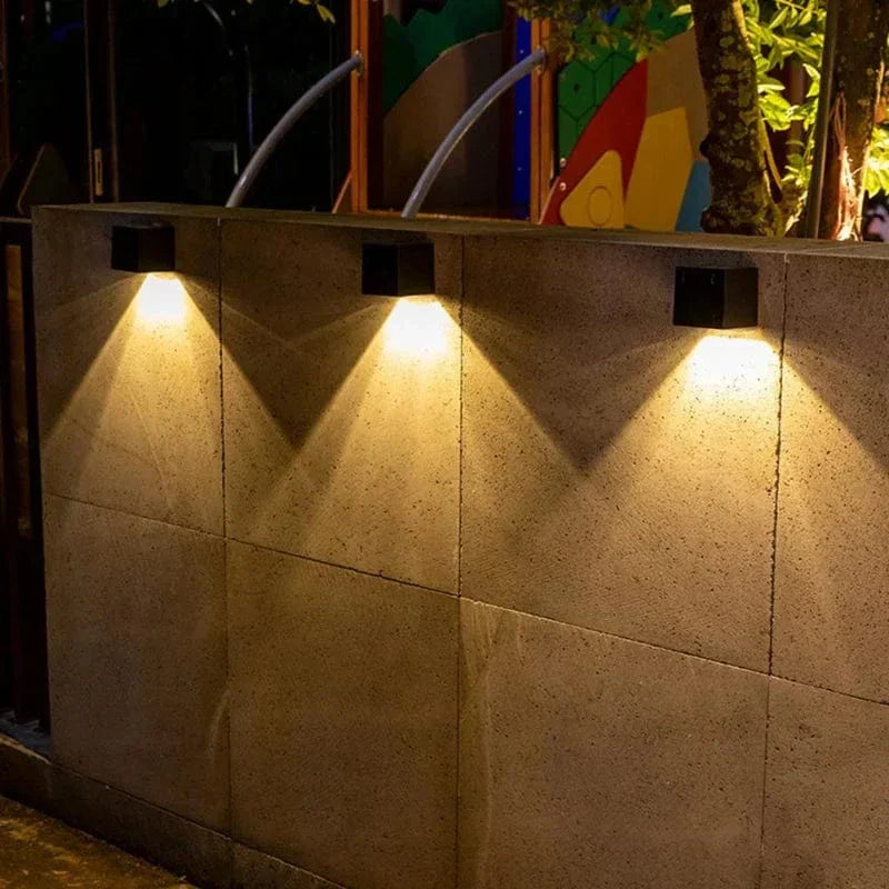 "Outdoor LED solar wall light, European style, waterproof, garden lamp, IP65, black and gold finish, elegant design"