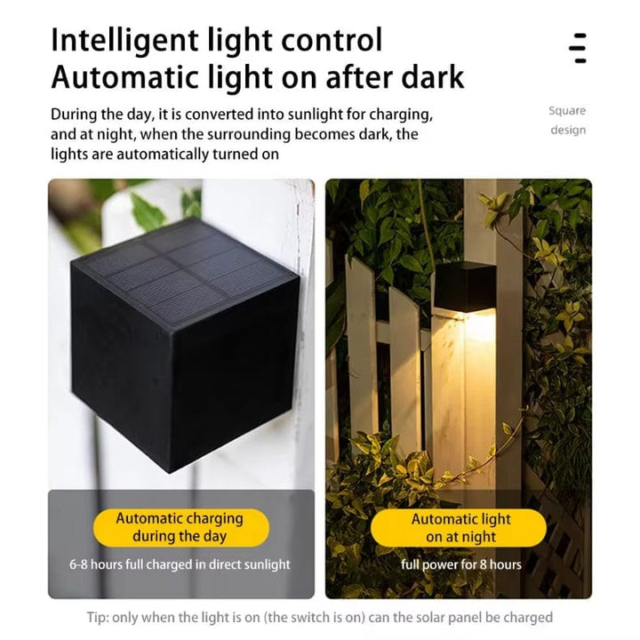 "Outdoor LED solar wall light, European style, waterproof, garden lamp, IP65, black and gold finish, elegant design"