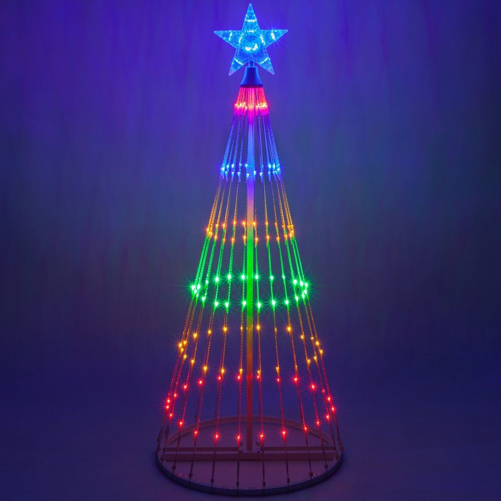Outdoor multicolor LED animated Christmas tree light show for festive garden decor.