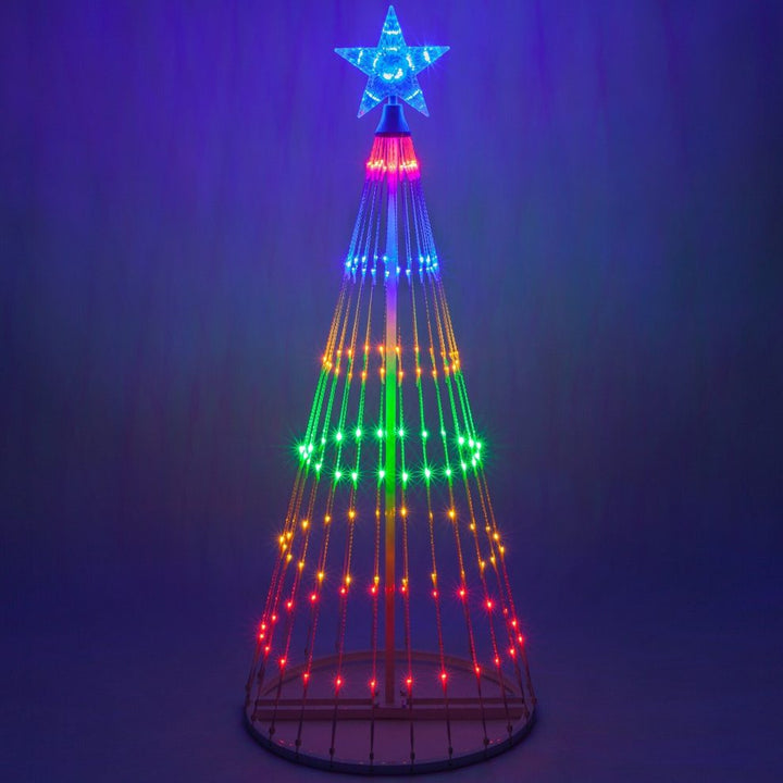 Outdoor multicolor LED animated Christmas tree light show for festive garden decor.