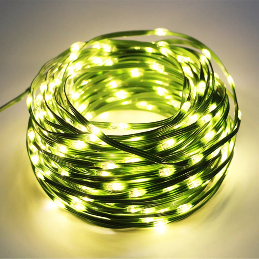 Outdoor multicolour LED rope light, waterproof with flexible PVC, shown in vibrant lighting modes for garden decor.