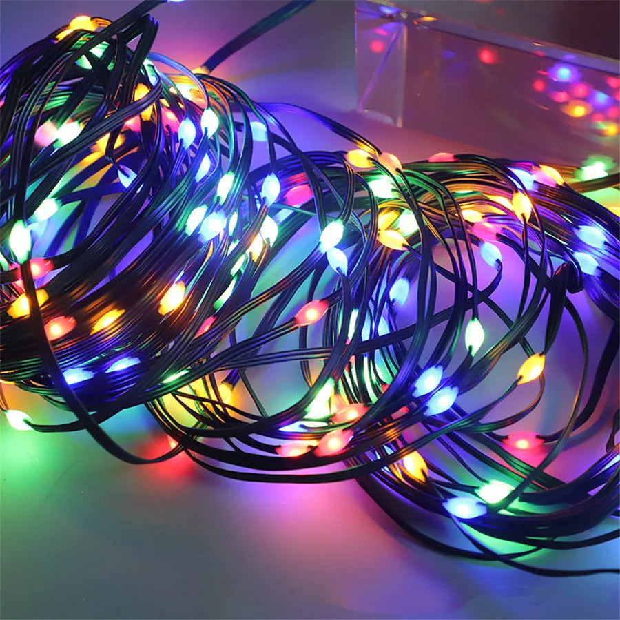 Outdoor multicolour LED rope light, waterproof with flexible PVC, shown in vibrant lighting modes for garden decor.