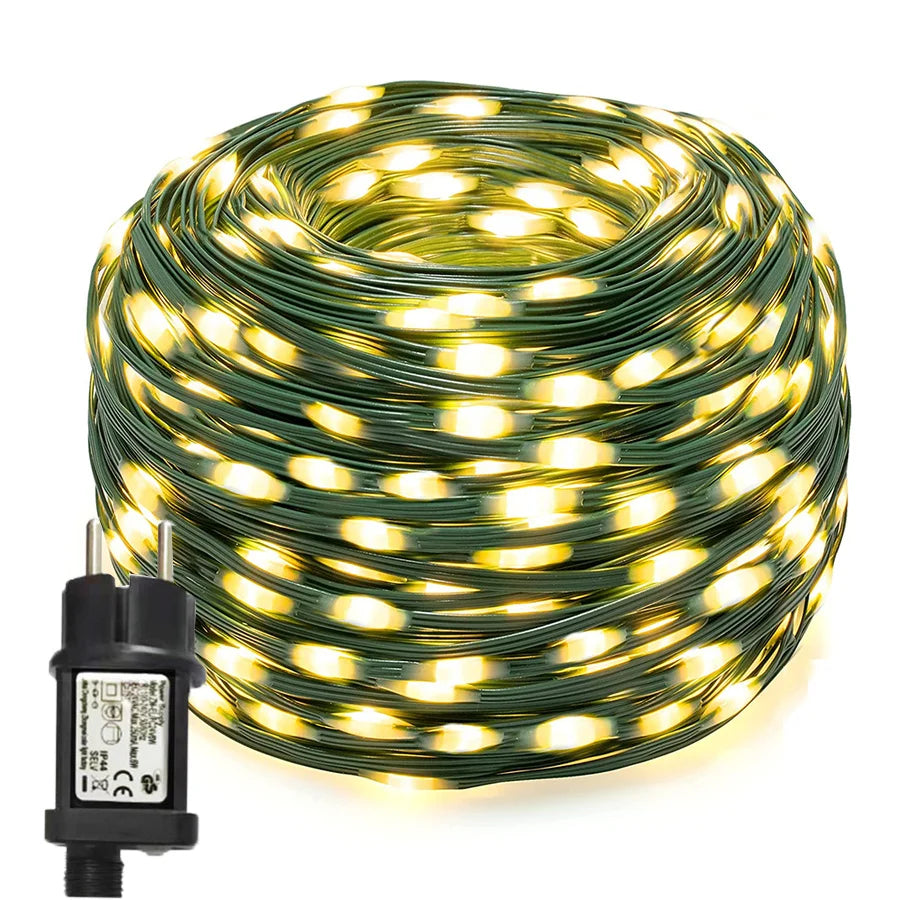 Outdoor multicolour LED rope light, waterproof with flexible PVC, shown in vibrant lighting modes for garden decor.