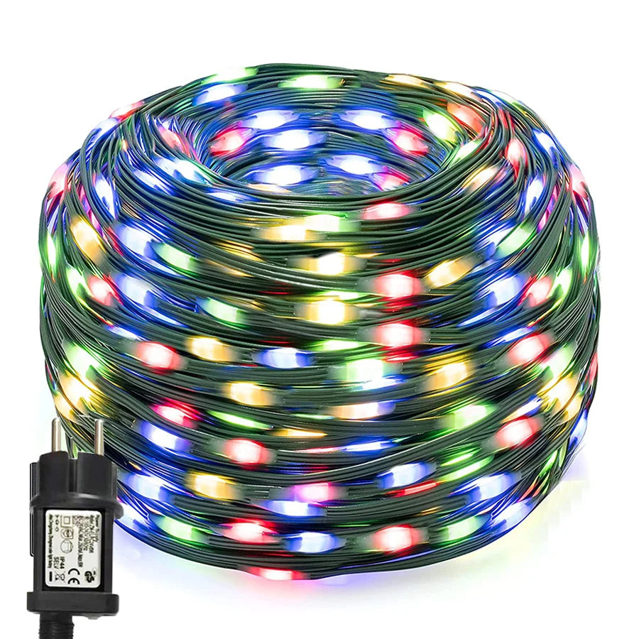 Outdoor multicolour LED rope light, waterproof with flexible PVC, shown in vibrant lighting modes for garden decor.