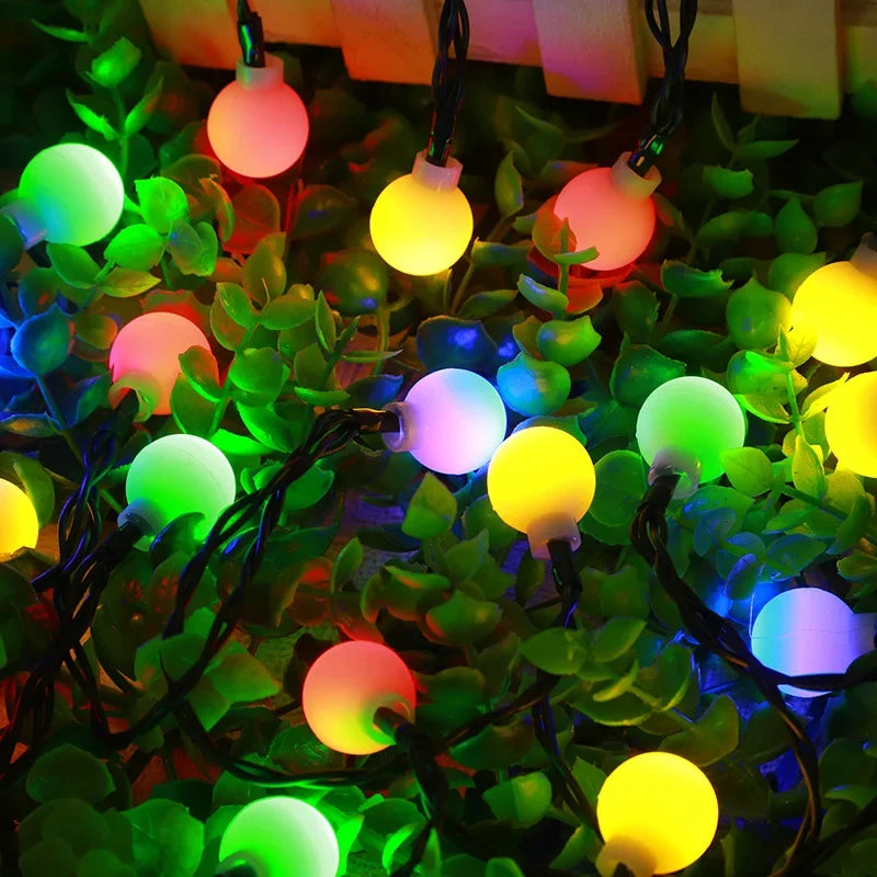 Close-up of a clear festoon bulb on an outdoor solar LED string light, showcasing its durable design.