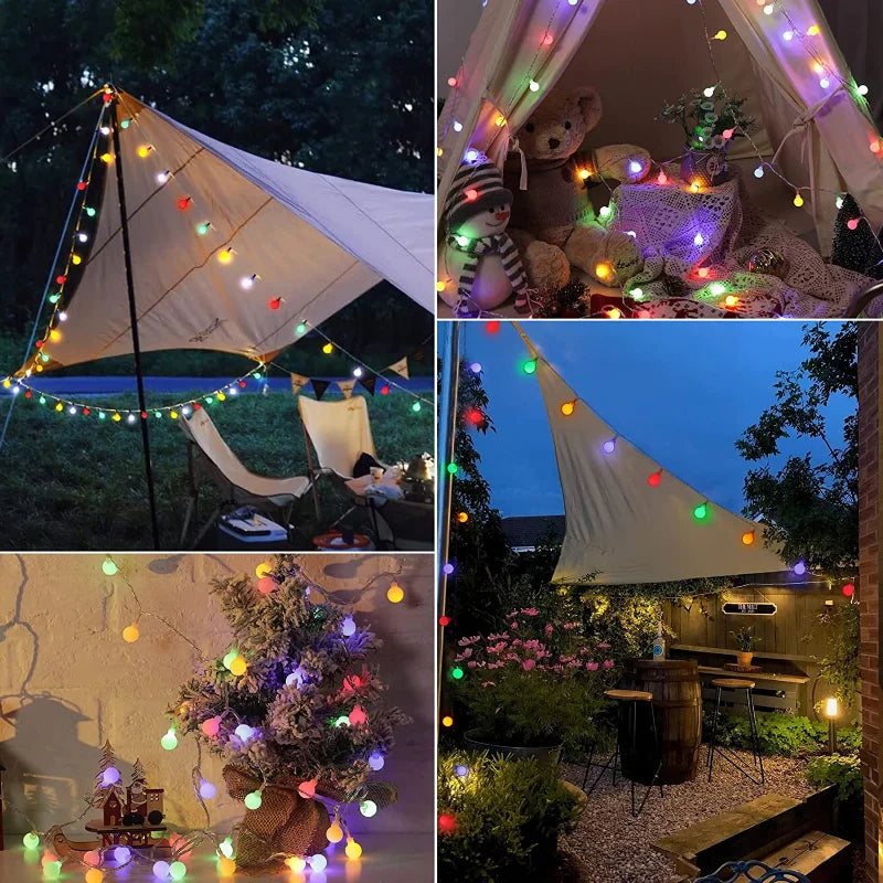 Waterproof solar festoon string lights with bright LEDs, perfect for all-weather outdoor garden decor.