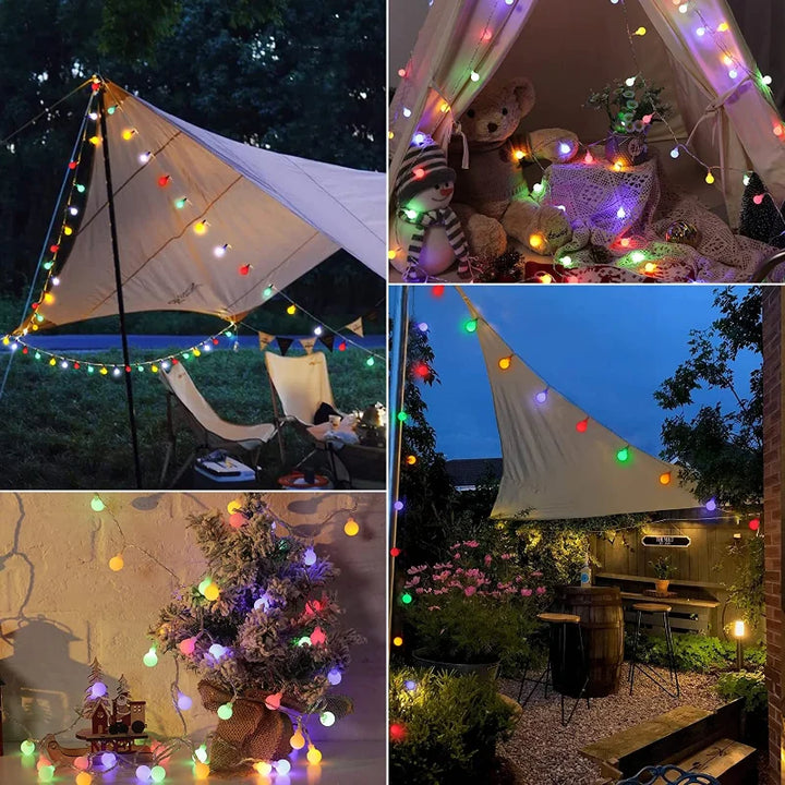 Waterproof solar festoon string lights with bright LEDs, perfect for all-weather outdoor garden decor.