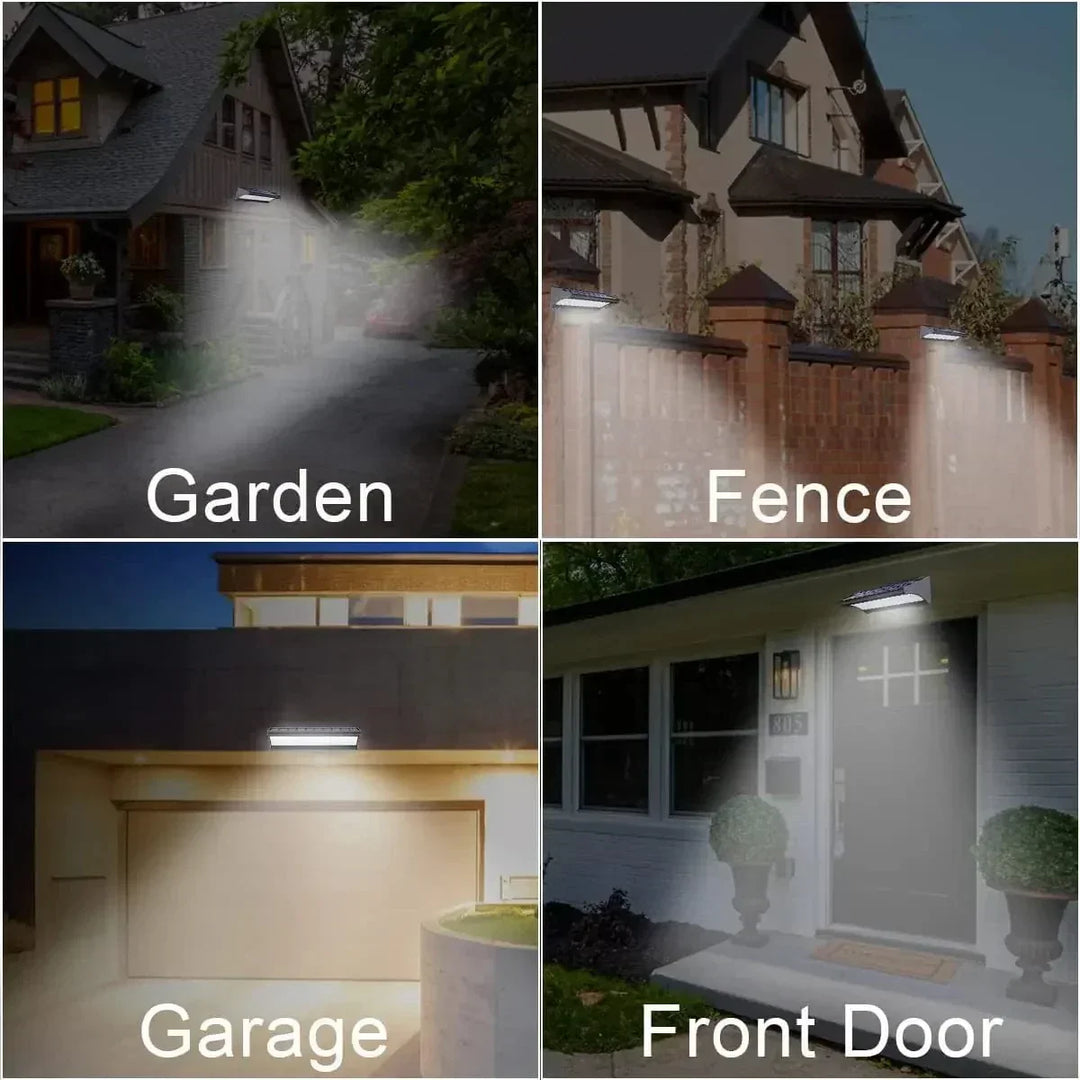 "Outdoor solar LED wall lights with motion sensor, sleek black design, aluminum body, cool white LED, IP66 waterproof."