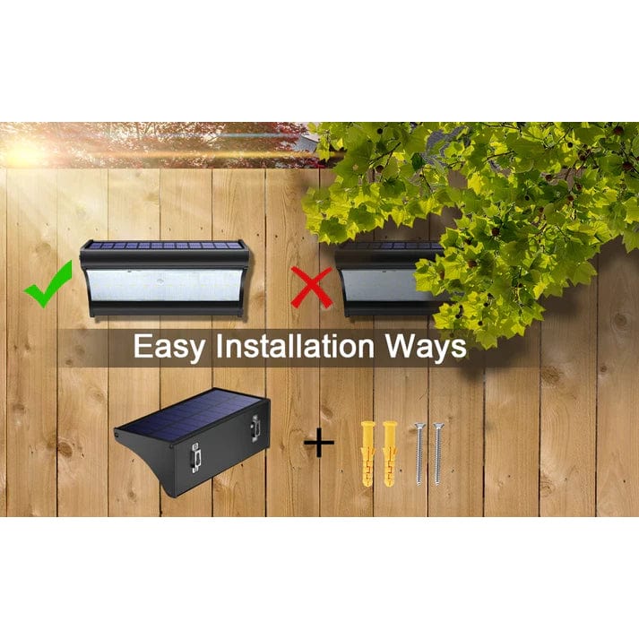 "Outdoor solar LED wall lights with motion sensor, sleek black design, aluminum body, cool white LED, IP66 waterproof."