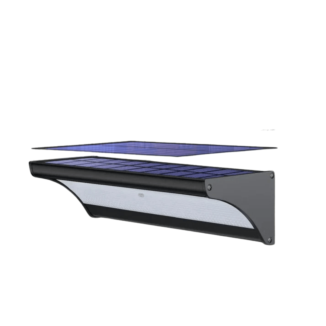 "Outdoor solar LED wall lights with motion sensor, sleek black design, aluminum body, cool white LED, IP66 waterproof."