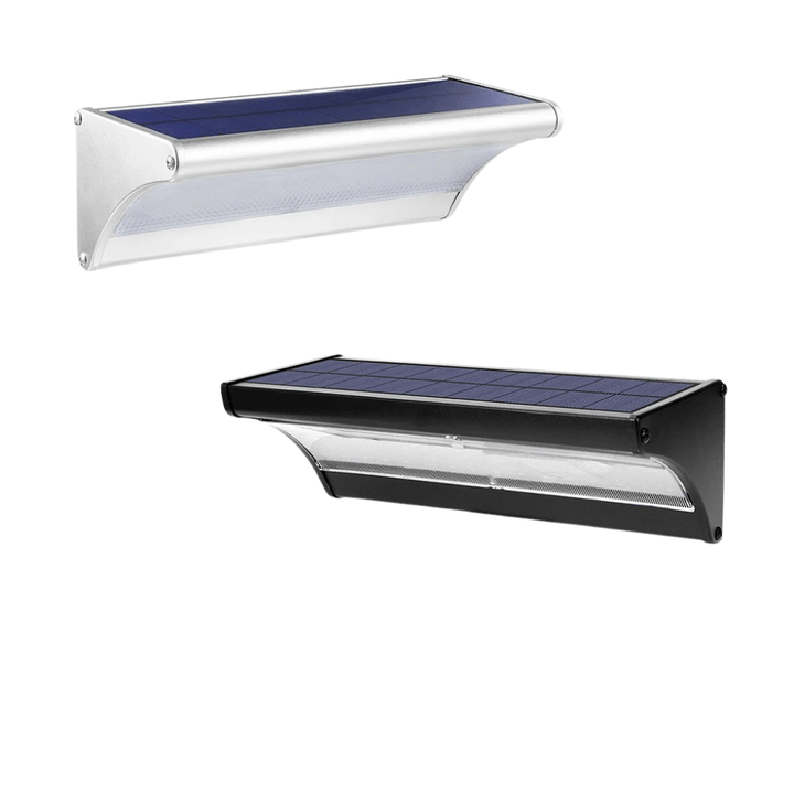 "Outdoor solar LED wall lights with motion sensor, sleek black design, aluminum body, cool white LED, IP66 waterproof."