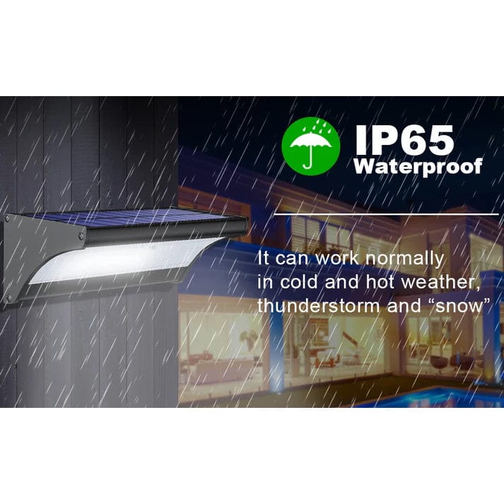 "Outdoor solar LED wall lights with motion sensor, sleek black design, aluminum body, cool white LED, IP66 waterproof."