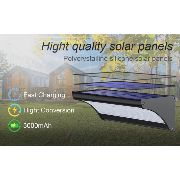 "Outdoor solar LED wall lights with motion sensor, sleek black design, aluminum body, cool white LED, IP66 waterproof."