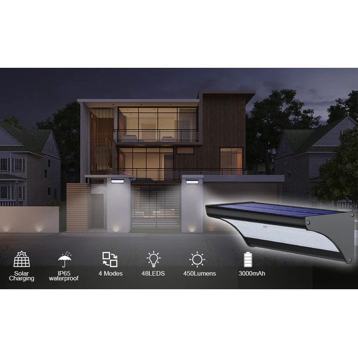 "Outdoor solar LED wall lights with motion sensor, sleek black design, aluminum body, cool white LED, IP66 waterproof."