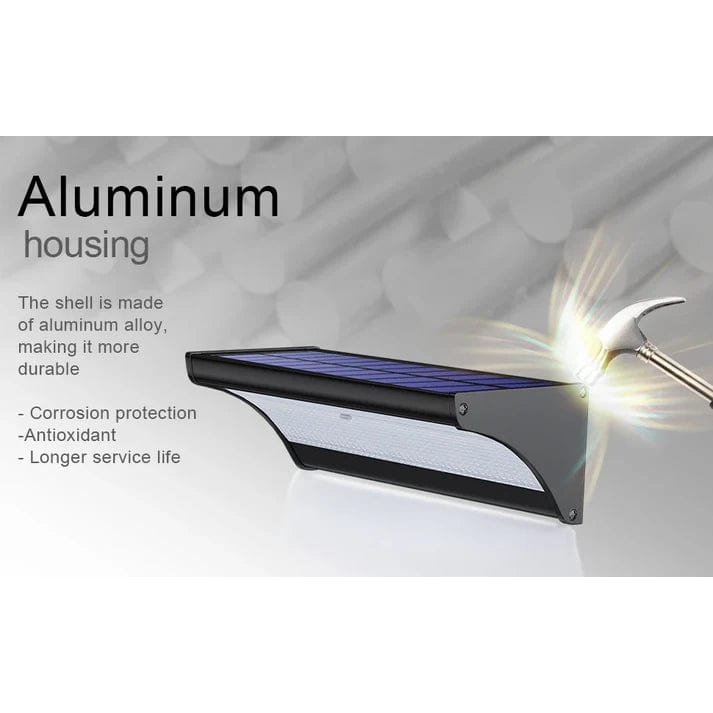 "Outdoor solar LED wall lights with motion sensor, sleek black design, aluminum body, cool white LED, IP66 waterproof."