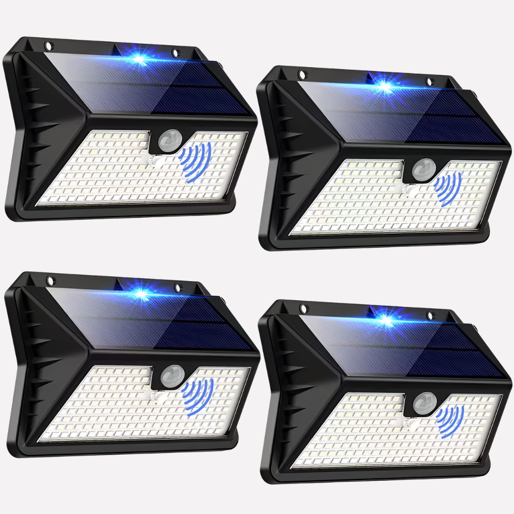 Wireless solar motion sensor LED light for outdoor garden, pathway, and home security with cool white glow.