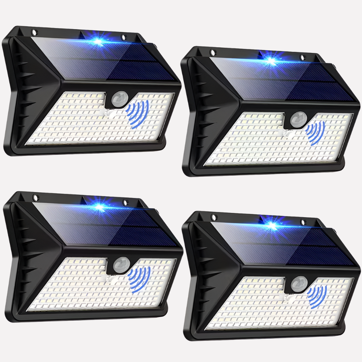 Wireless solar motion sensor LED light for outdoor garden, pathway, and home security with cool white glow.