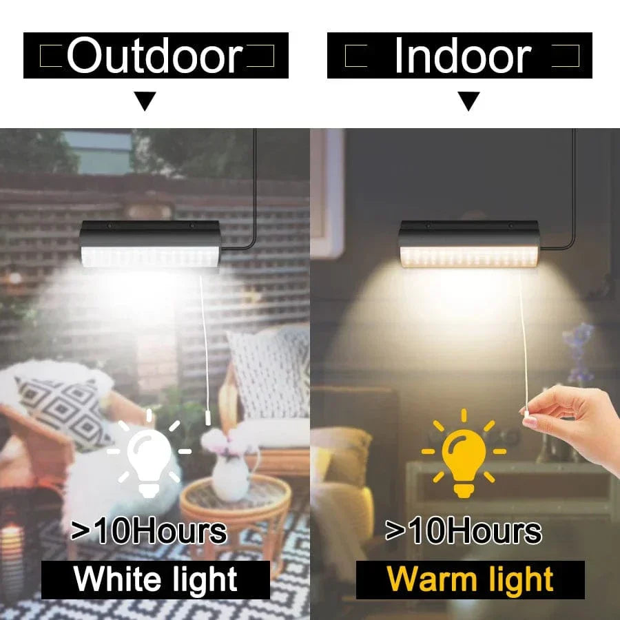 Outdoor Solar Pendant LED Light with dual/single options, art deco style, warm/cool white, weatherproof, 30 LEDs per head.