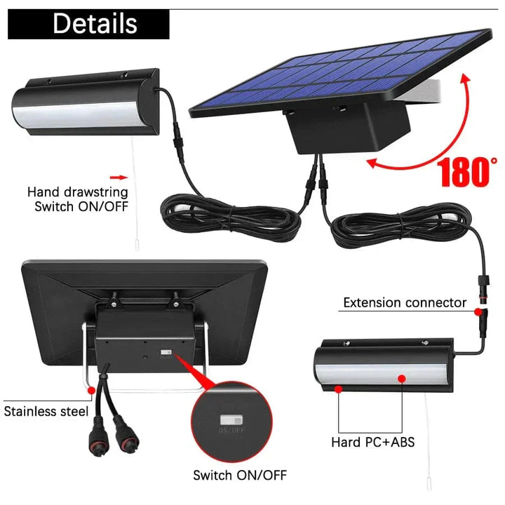 Outdoor Solar Pendant LED Light with dual/single options, art deco style, warm/cool white, weatherproof, 30 LEDs per head.