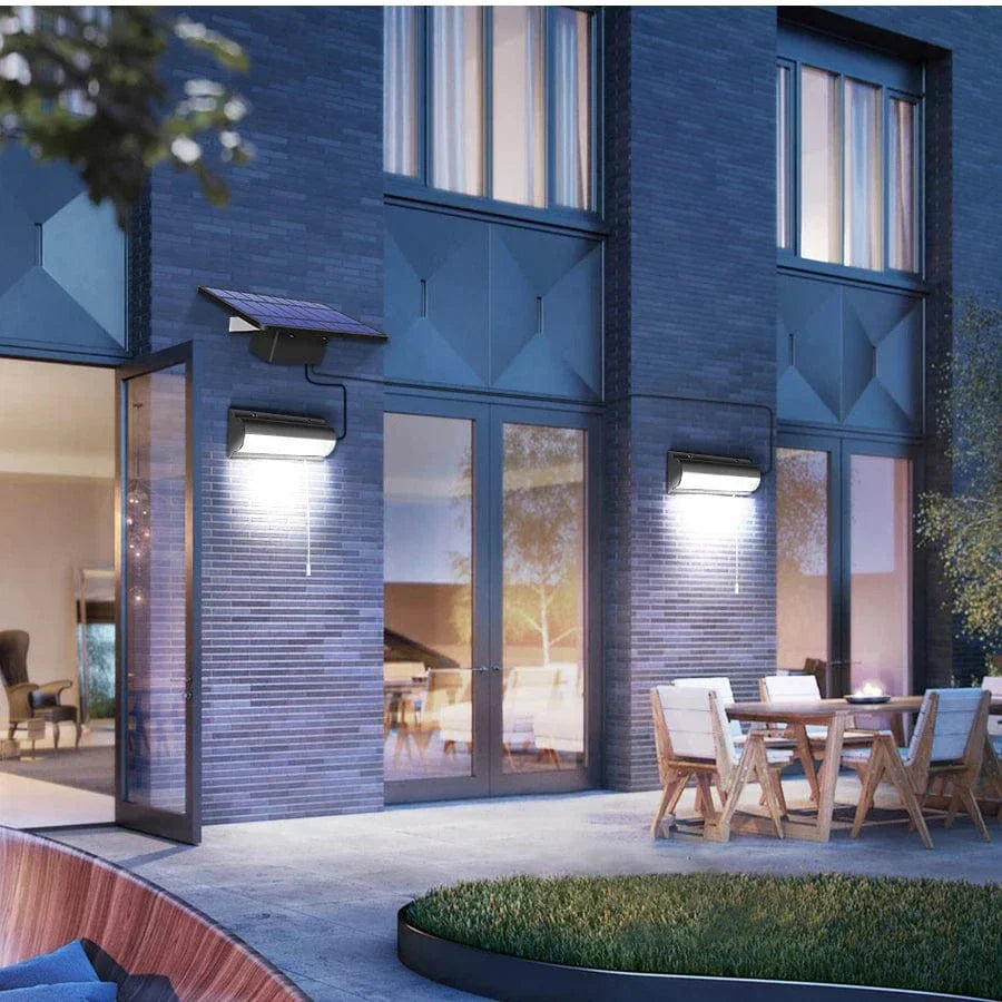 Outdoor Solar Pendant LED Light with dual/single options, art deco style, warm/cool white, weatherproof, 30 LEDs per head.