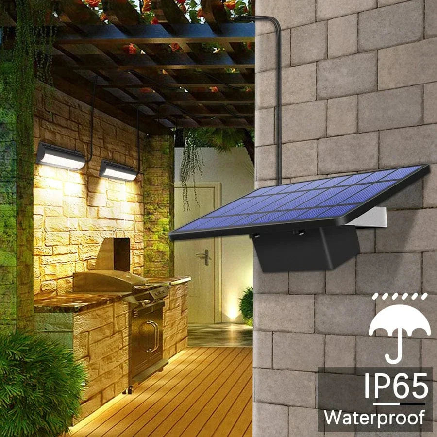 Outdoor Solar Pendant LED Light with dual/single options, art deco style, warm/cool white, weatherproof, 30 LEDs per head.
