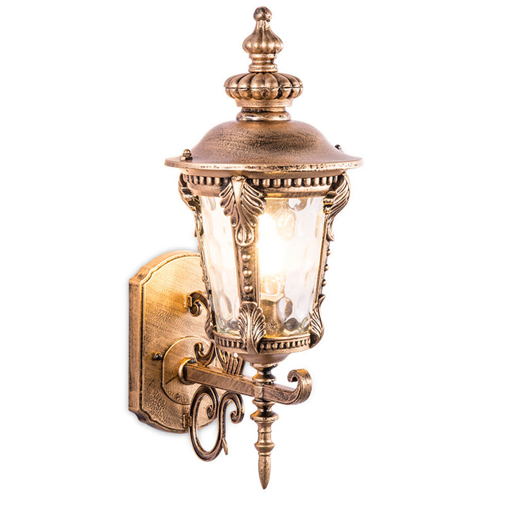 "Outdoor vintage glass wall lantern with aluminum frame, ideal for gardens, porches, providing warm and stylish ambiance."