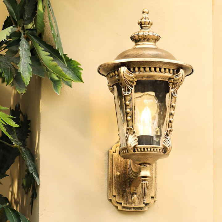 "Outdoor vintage glass wall lantern with aluminum frame, ideal for gardens, porches, providing warm and stylish ambiance."