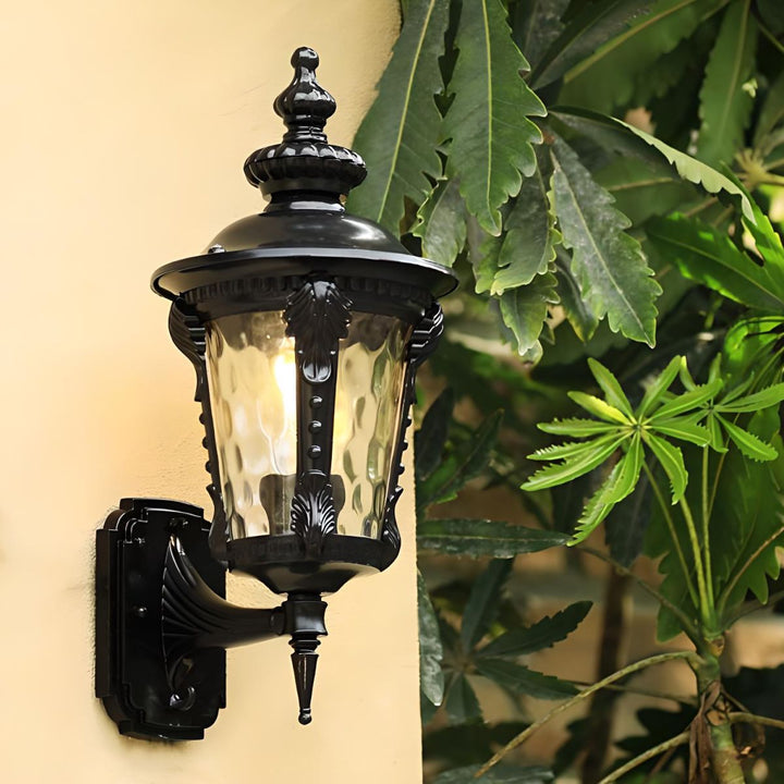 "Outdoor vintage glass wall lantern with aluminum frame, ideal for gardens, porches, providing warm and stylish ambiance."