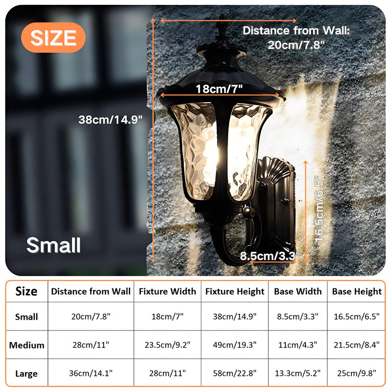 "Outdoor waterproof bronze wall light with clear water glass shade, elegant design for stylish exterior lighting."