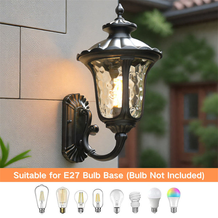 "Outdoor waterproof bronze wall light with clear water glass shade, elegant design for stylish exterior lighting."