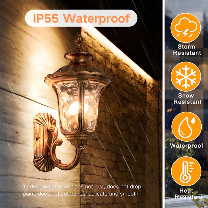 "Outdoor waterproof bronze wall light with clear water glass shade, elegant design for stylish exterior lighting."